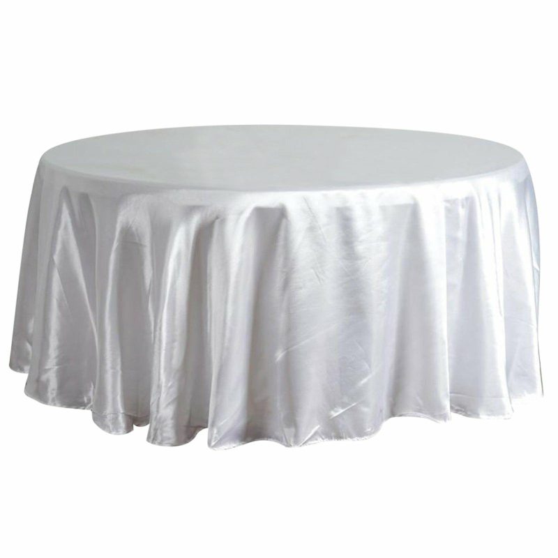 White Seamless Satin Round Tablecloth 120″ for 5 Foot Table With Floor-Length Drop  |   Satin Satin Satin