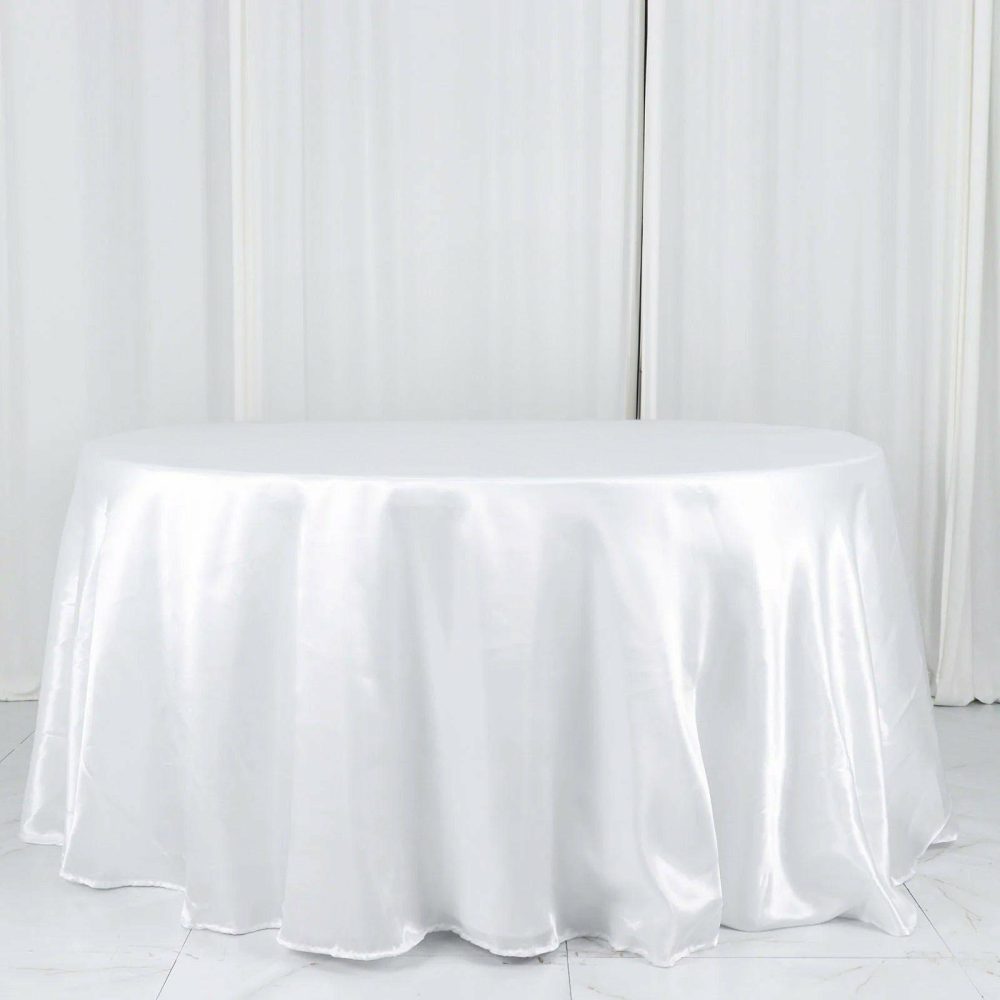 White Seamless Satin Round Tablecloth 132″ for 6 Foot Table With Floor-Length Drop  |   Satin Satin Satin