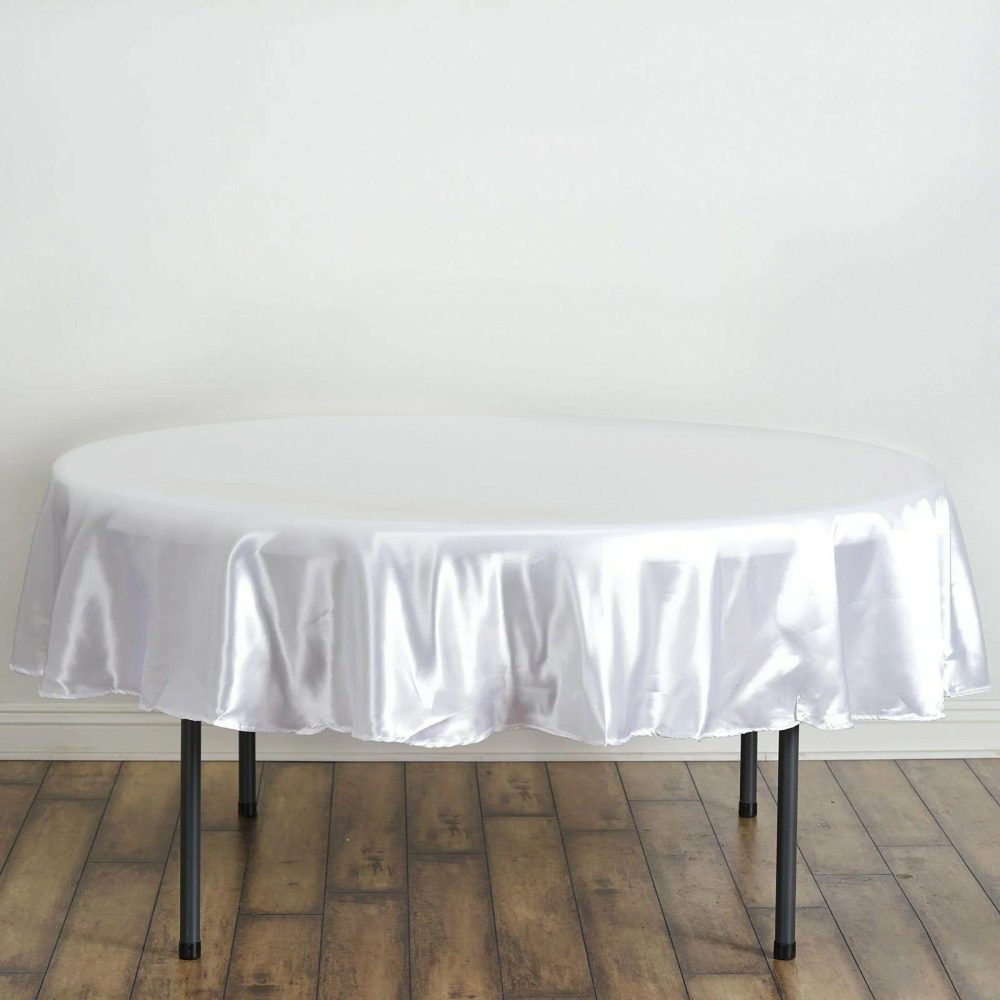 White Seamless Satin Round Tablecloth 90″  |   Satin Satin Satin