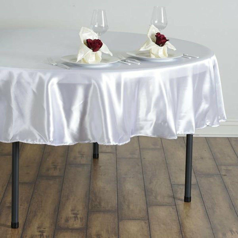 White Seamless Satin Round Tablecloth 90″  |   Satin Satin Satin