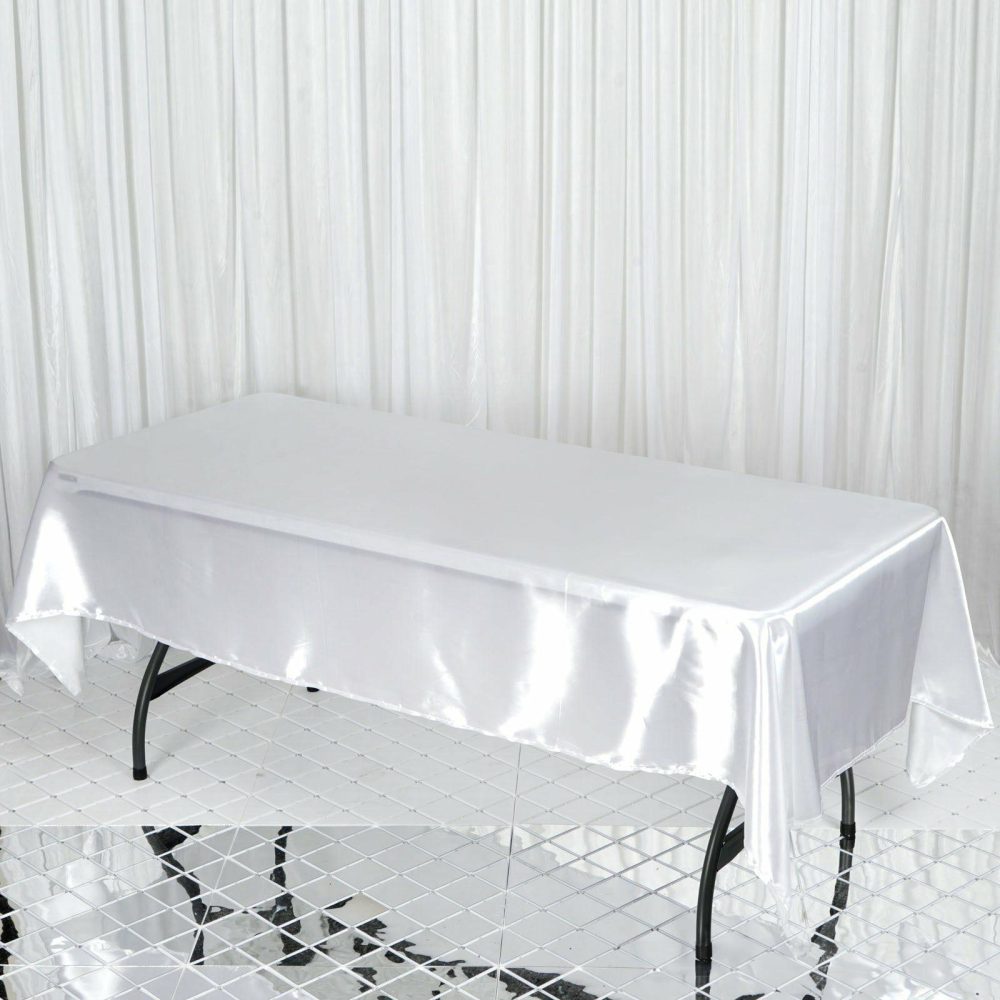 White Seamless Smooth Satin Rectangular Tablecloth 60″x102″  |   Satin Satin Satin