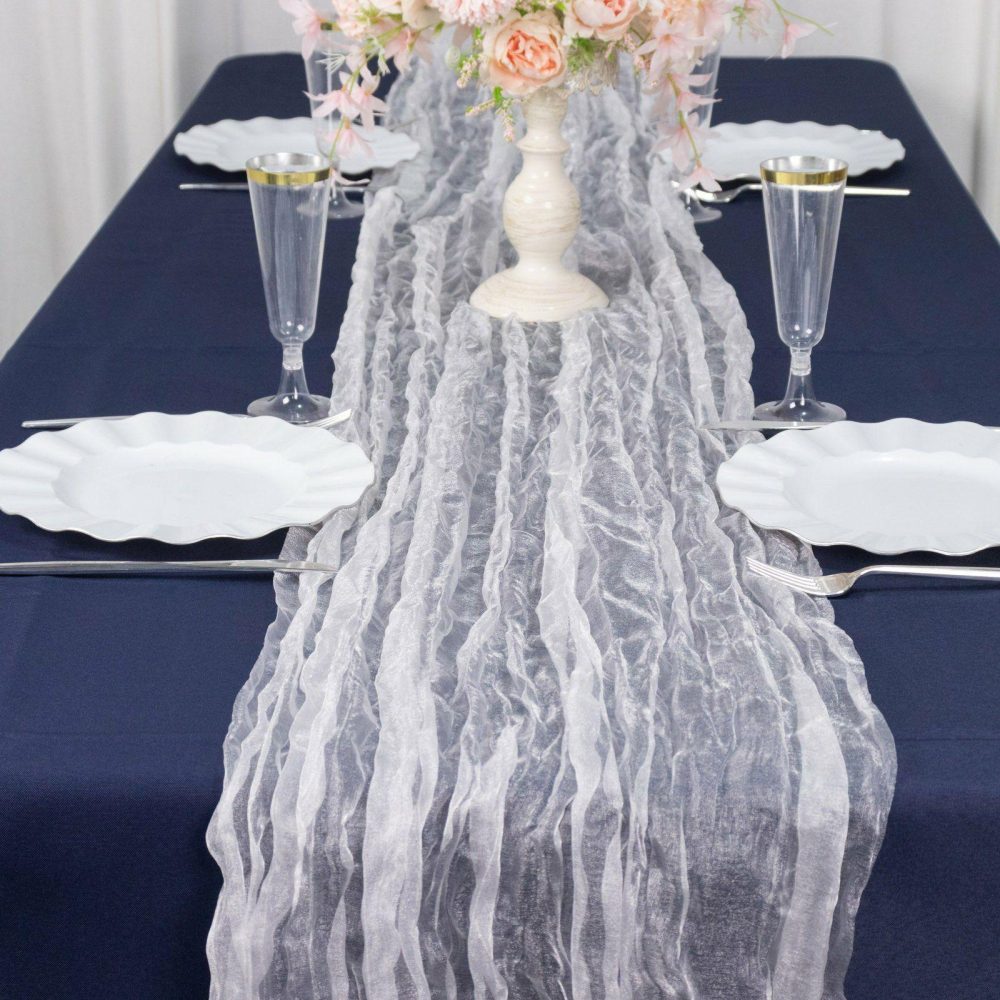 White Sheer Crinkled Organza Table Runner, Premium Shimmer Chiffon Layered Table Runner 9ft  |   Organza & Chiffon Organza & Chiffon Organza & Chiffon