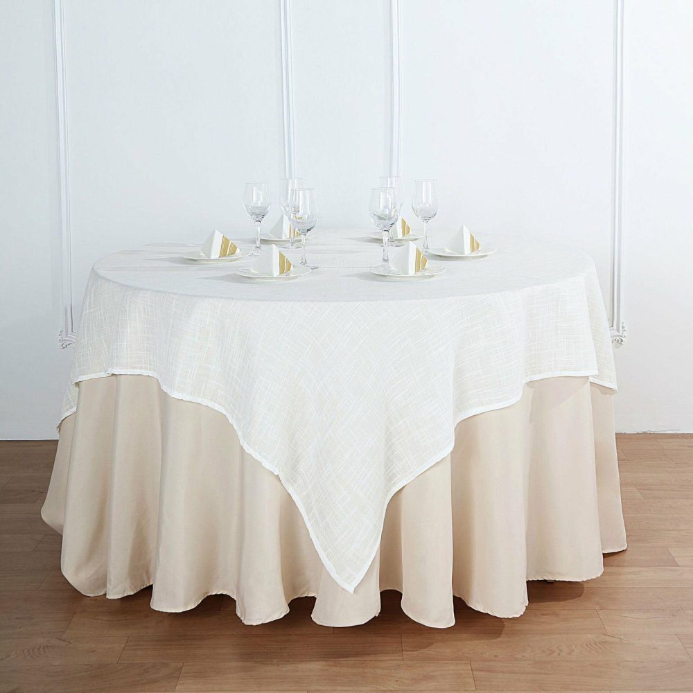 White Slubby Textured Linen Square Table Overlay, Wrinkle Resistant Polyester Tablecloth Topper 72″x72″  |   Jute Burlap & Lace Jute Burlap & Lace Jute Burlap & Lace