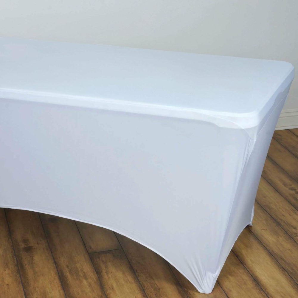 White Stretch Spandex Rectangle Tablecloth 8ft Wrinkle Free Fitted Table Cover for 96″x30″ Tables  |   Spandex & Fitted Spandex & Fitted Spandex & Fitted