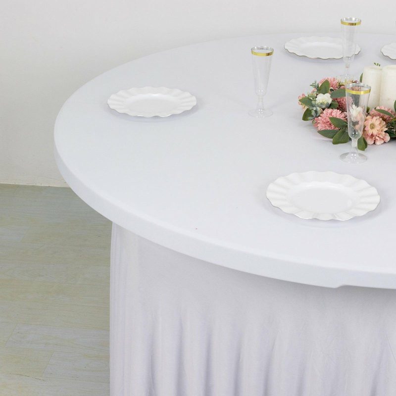 White Wavy Spandex Fitted Round 1-Piece Tablecloth Table Skirt 6ft, Stretchy Table Cover with Ruffles For 72 In Tables  |   Spandex & Fitted Spandex & Fitted Spandex & Fitted