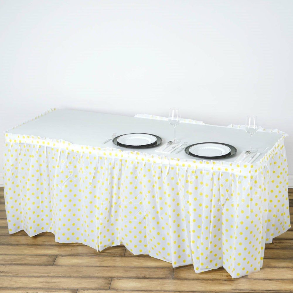 White / Yellow Polka Dots Pleated Plastic Table Skirts, Disposable Table Skirt Spill Proof 14ft 10 Mil  |   Disposable Tablecloth Disposable Tablecloth Disposable Tablecloth