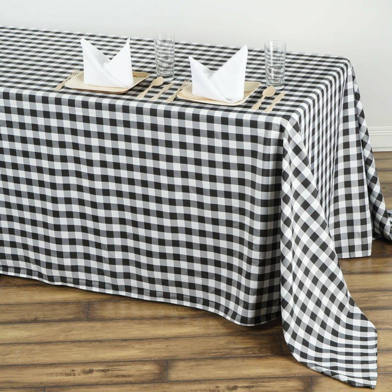 White/Black Seamless Buffalo Plaid Rectangle Tablecloth, Checkered Polyester Tablecloth 90″x132″ for 6 Foot Table With Floor-Length Drop  |   Polyester Polyester Black