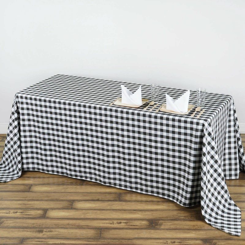 White/Black Seamless Buffalo Plaid Rectangle Tablecloth, Checkered Polyester Tablecloth 90″x132″ for 6 Foot Table With Floor-Length Drop  |   Polyester Polyester Black