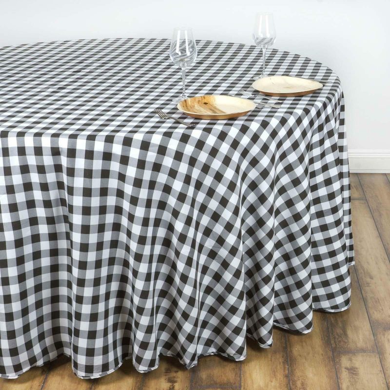 White/Black Seamless Buffalo Plaid Round Tablecloth, Checkered Gingham Polyester Tablecloth 108″  |   Polyester Polyester Black