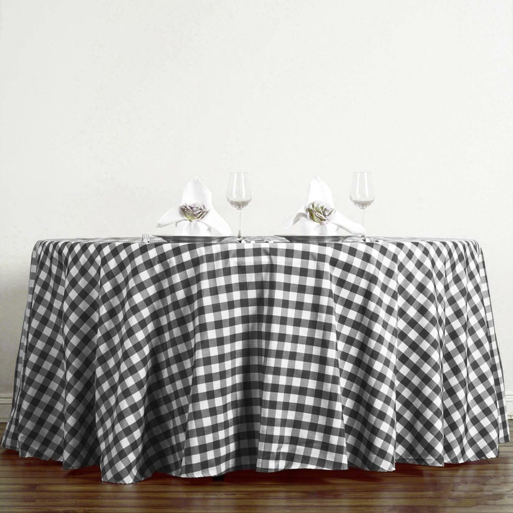 White/Black Seamless Buffalo Plaid Round Tablecloth, Checkered Gingham Polyester Tablecloth 120″ for 5 Foot Table With Floor-Length Drop  |   Polyester Polyester Black