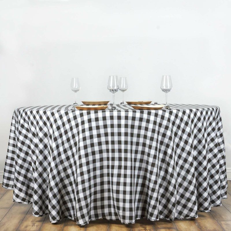 White/Black Seamless Buffalo Plaid Round Tablecloth, Checkered Gingham Polyester Tablecloth 120″ for 5 Foot Table With Floor-Length Drop  |   Polyester Polyester Black