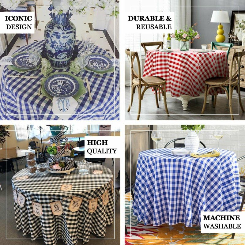 White/Black Seamless Buffalo Plaid Round Tablecloth, Checkered Gingham Polyester Tablecloth 120″ for 5 Foot Table With Floor-Length Drop  |   Polyester Polyester Black