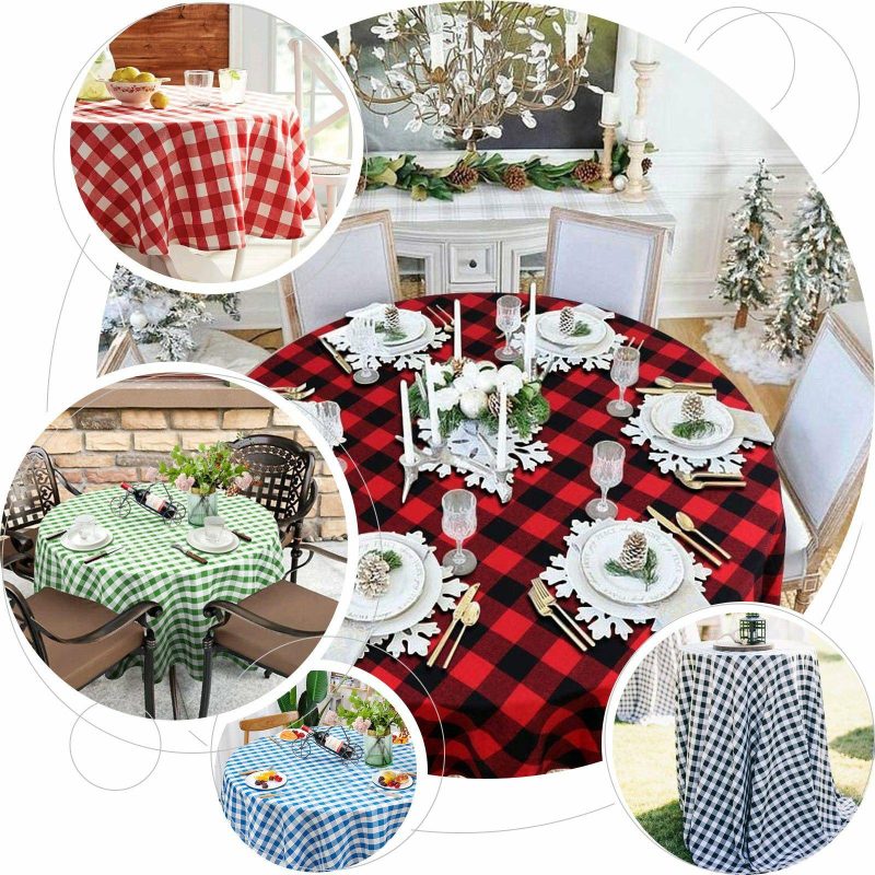 White/Black Seamless Buffalo Plaid Round Tablecloth, Gingham Polyester Checkered Tablecloth 90″  |   Polyester Polyester Black