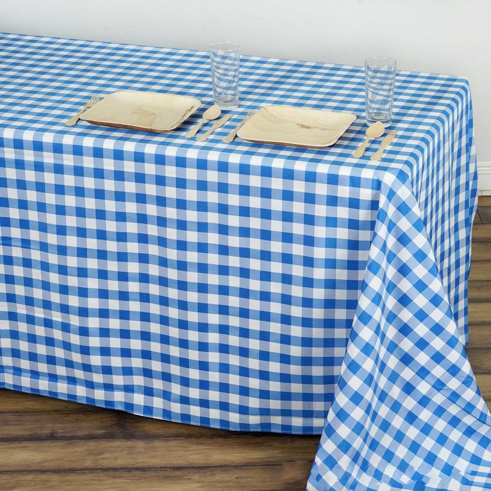 White/Blue Seamless Buffalo Plaid Rectangle Tablecloth, Checkered Polyester Tablecloth 90″x132″ for 6 Foot Table With Floor-Length Drop  |   Polyester Polyester Blue