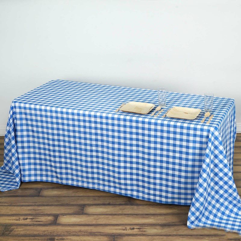 White/Blue Seamless Buffalo Plaid Rectangle Tablecloth, Checkered Polyester Tablecloth 90″x132″ for 6 Foot Table With Floor-Length Drop  |   Polyester Polyester Blue