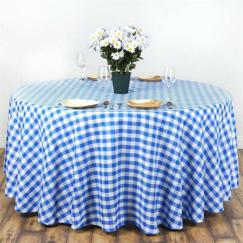 White/Blue Seamless Buffalo Plaid Round Tablecloth, Checkered Gingham Polyester Tablecloth 120″ for 5 Foot Table With Floor-Length Drop  |   Polyester Polyester Blue