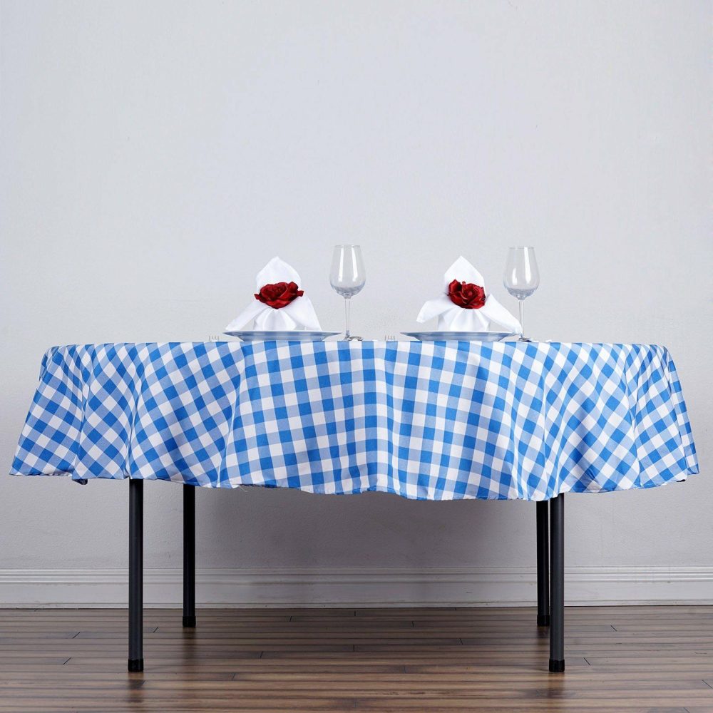 White/Blue Seamless Buffalo Plaid Round Tablecloth, Gingham Polyester Checkered Tablecloth 70″  |   Polyester Polyester Blue