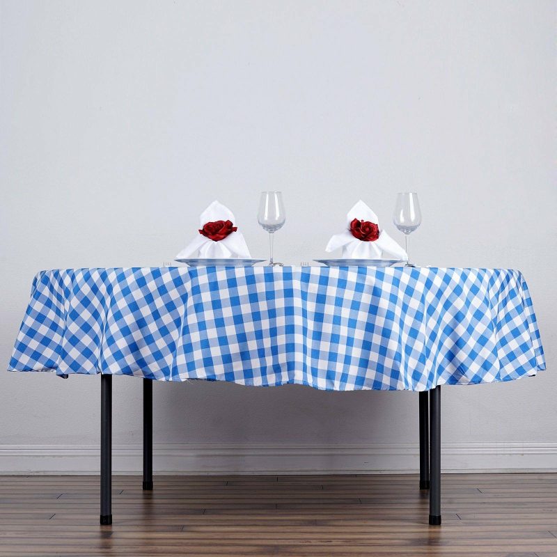 White/Blue Seamless Buffalo Plaid Round Tablecloth, Gingham Polyester Checkered Tablecloth 90″  |   Polyester Polyester Blue