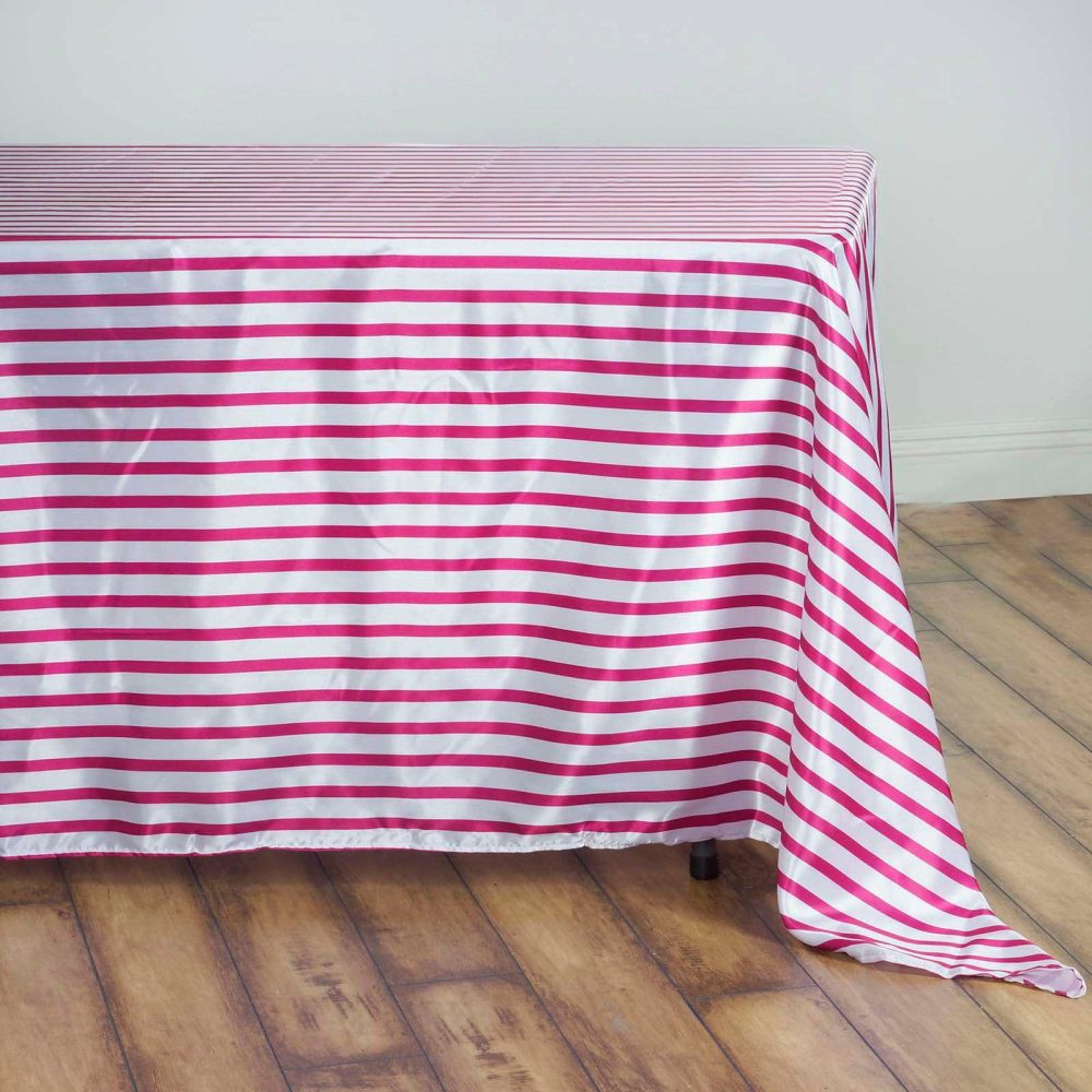 White/Fuchsia Seamless Stripe Satin Rectangle Tablecloth 60″x102″  |   Satin Satin Fuchsia