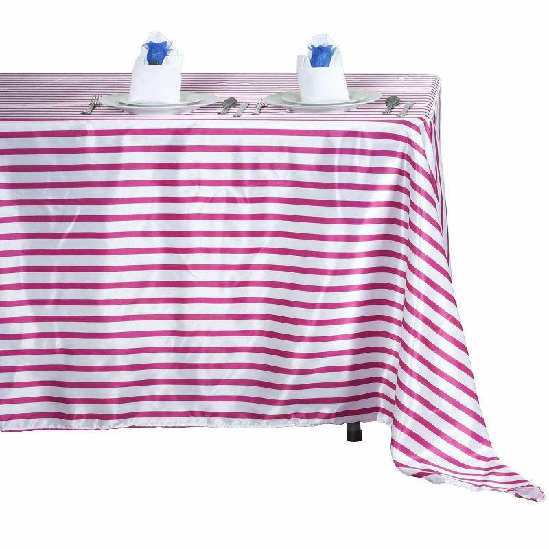 White/Fuchsia Seamless Stripe Satin Rectangle Tablecloth 60″x102″  |   Satin Satin Fuchsia