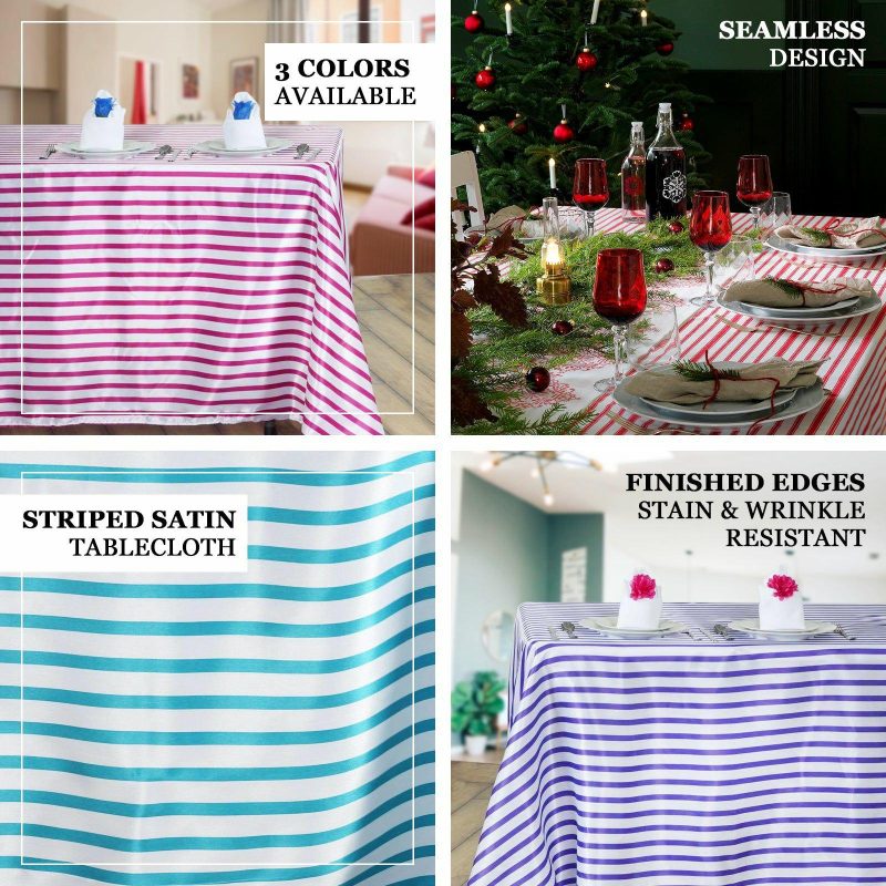 White/Fuchsia Seamless Stripe Satin Rectangle Tablecloth 60″x102″  |   Satin Satin Fuchsia