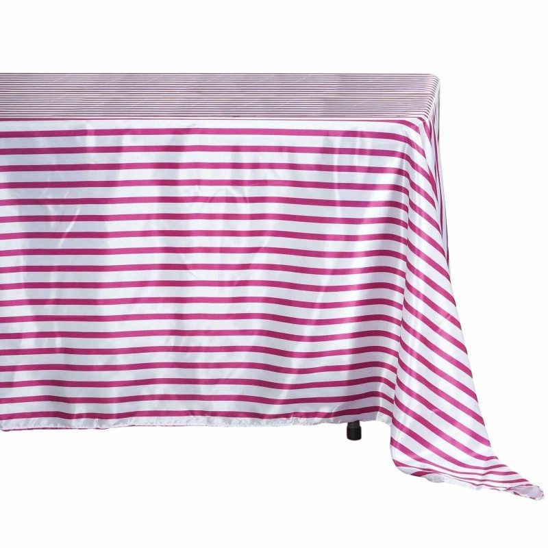 White/Fuchsia Seamless Stripe Satin Rectangle Tablecloth 60″x102″  |   Satin Satin Fuchsia