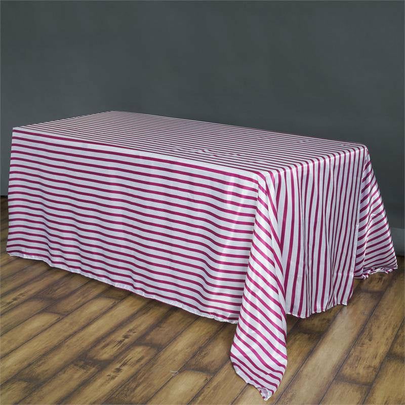 White/Fuchsia Seamless Stripe Satin Rectangle Tablecloth 90″x132″ for 6 Foot Table With Floor-Length Drop  |   Satin Satin Fuchsia