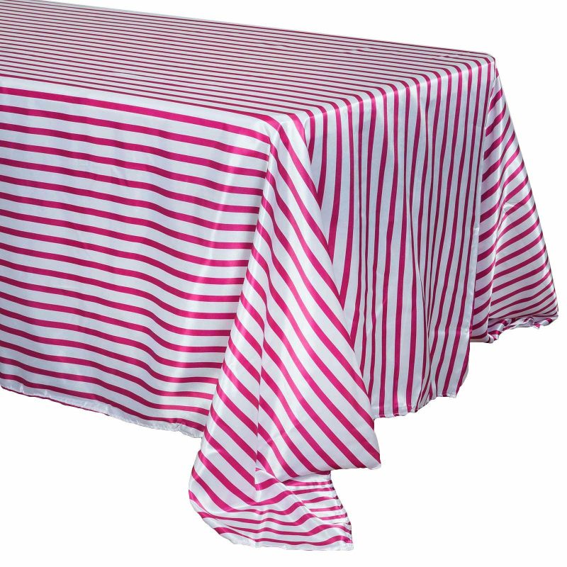 White/Fuchsia Seamless Stripe Satin Rectangle Tablecloth 90″x132″ for 6 Foot Table With Floor-Length Drop  |   Satin Satin Fuchsia