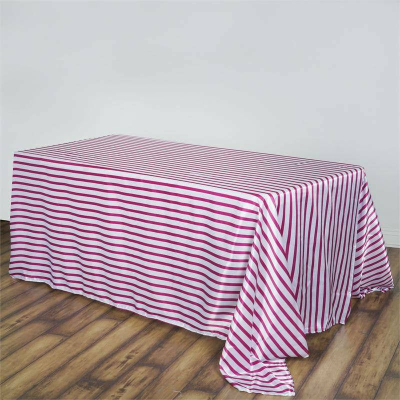 White/Fuchsia Seamless Stripe Satin Rectangle Tablecloth 90″x156″ for 8 Foot Table With Floor-Length Drop  |   Satin Satin Fuchsia