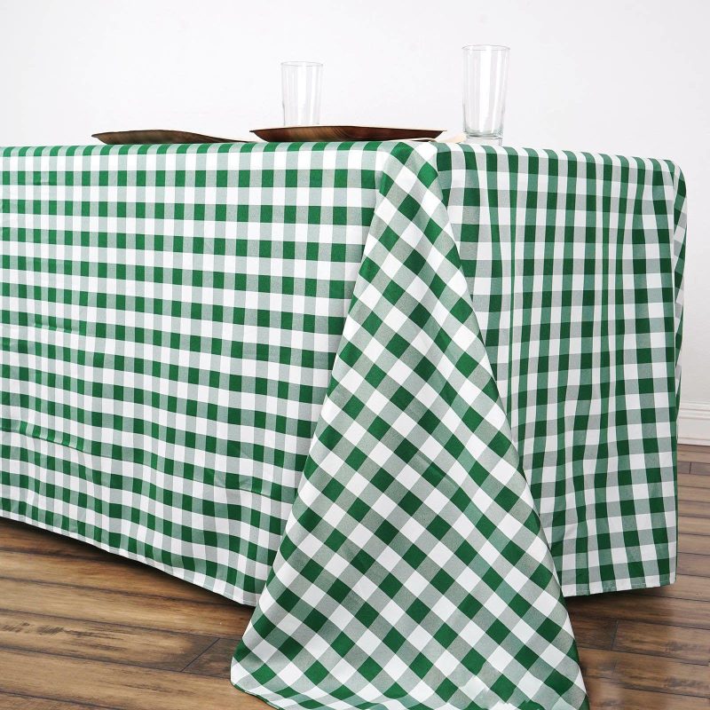 White/Green Seamless Buffalo Plaid Rectangle Tablecloth, Checkered Polyester Tablecloth 90″x156″ for 8 Foot Table With Floor-Length Drop  |   Polyester Polyester Green