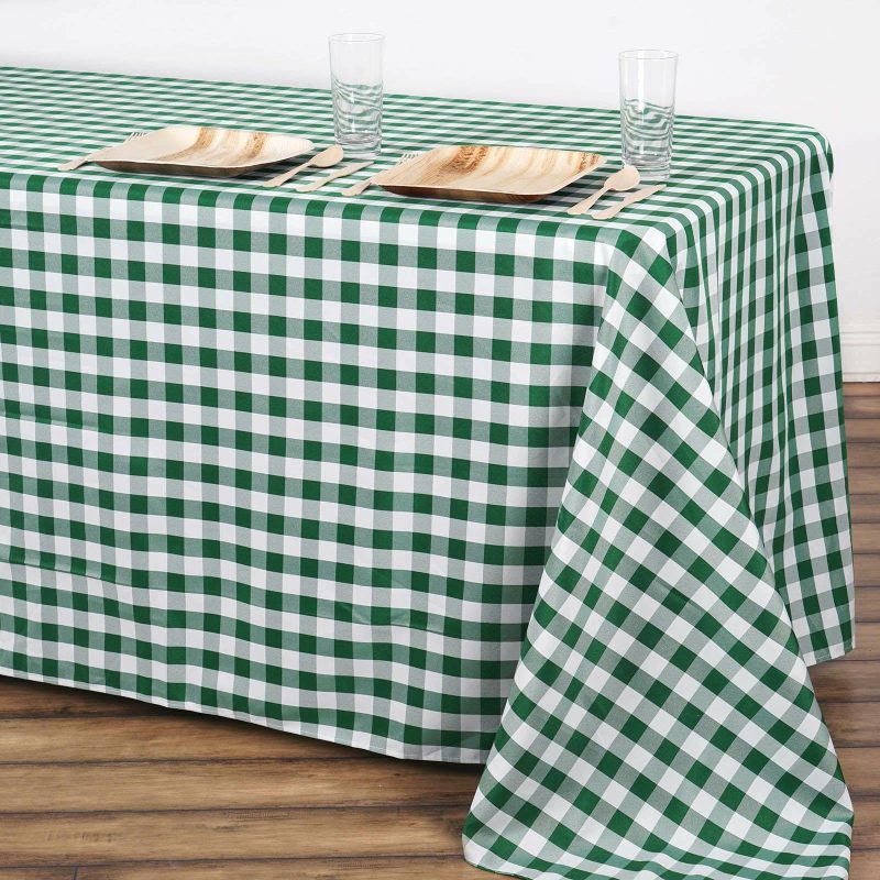 White/Green Seamless Buffalo Plaid Rectangle Tablecloth, Checkered Polyester Tablecloth 90″x156″ for 8 Foot Table With Floor-Length Drop  |   Polyester Polyester Green