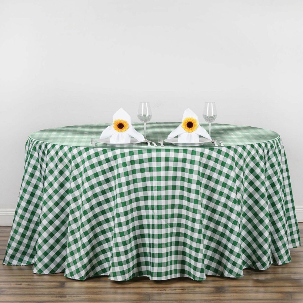 White/Green Seamless Buffalo Plaid Round Tablecloth, Checkered Gingham Polyester Tablecloth 120″ for 5 Foot Table With Floor-Length Drop  |   Polyester Polyester Green