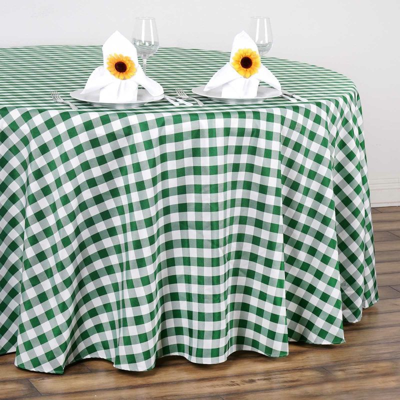 White/Green Seamless Buffalo Plaid Round Tablecloth, Checkered Gingham Polyester Tablecloth 120″ for 5 Foot Table With Floor-Length Drop  |   Polyester Polyester Green