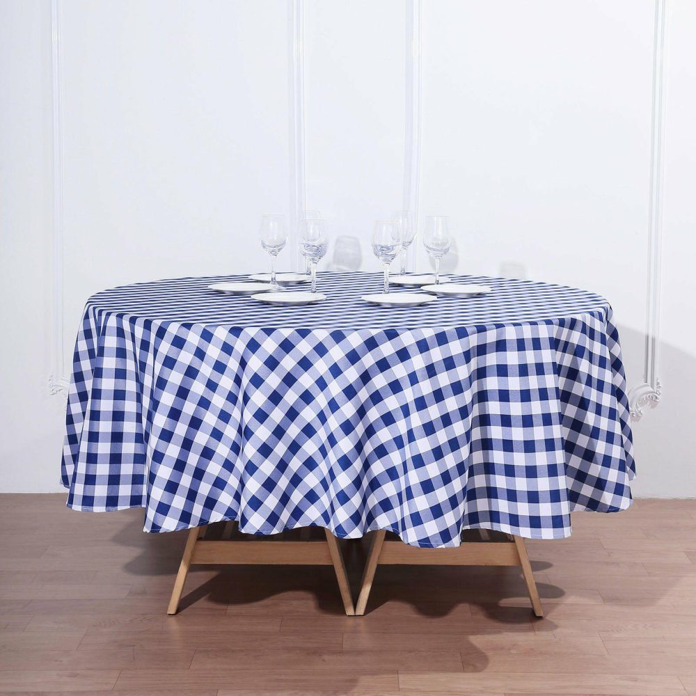 White/Navy Blue Seamless Buffalo Plaid Round Tablecloth, Gingham Polyester Checkered Tablecloth 90″  |   Polyester Polyester Navy blue