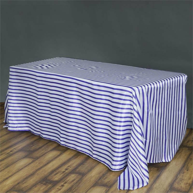 White/Purple Seamless Stripe Satin Rectangle Tablecloth 90″x132″ for 6 Foot Table With Floor-Length Drop  |   Satin Satin Purple