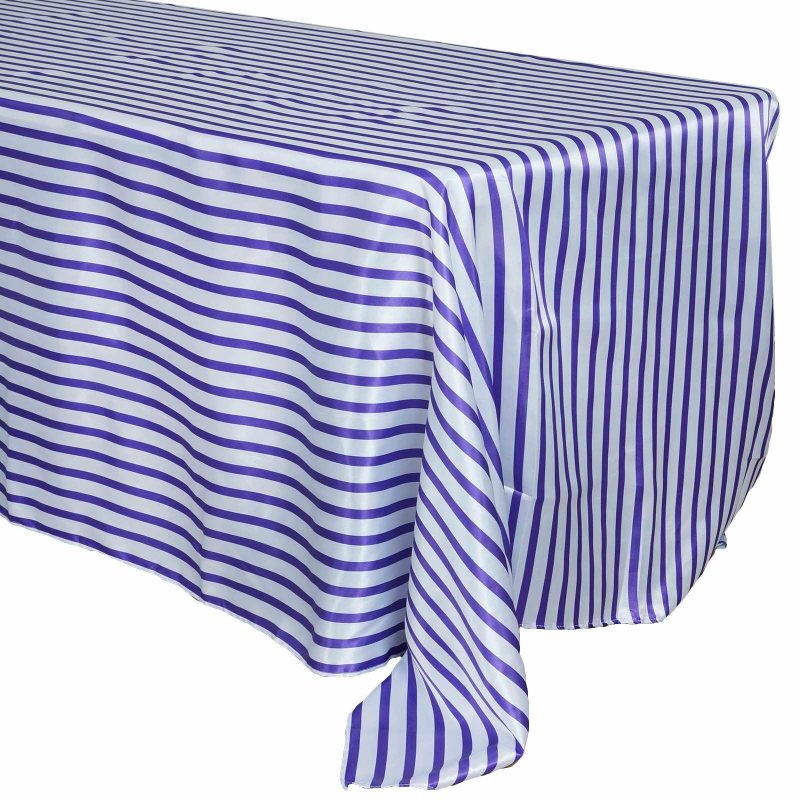 White/Purple Seamless Stripe Satin Rectangle Tablecloth 90″x132″ for 6 Foot Table With Floor-Length Drop  |   Satin Satin Purple