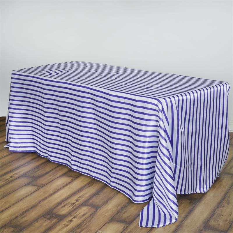 White/Purple Seamless Stripe Satin Rectangle Tablecloth 90″x156″ for 8 Foot Table With Floor-Length Drop  |   Satin Satin Purple