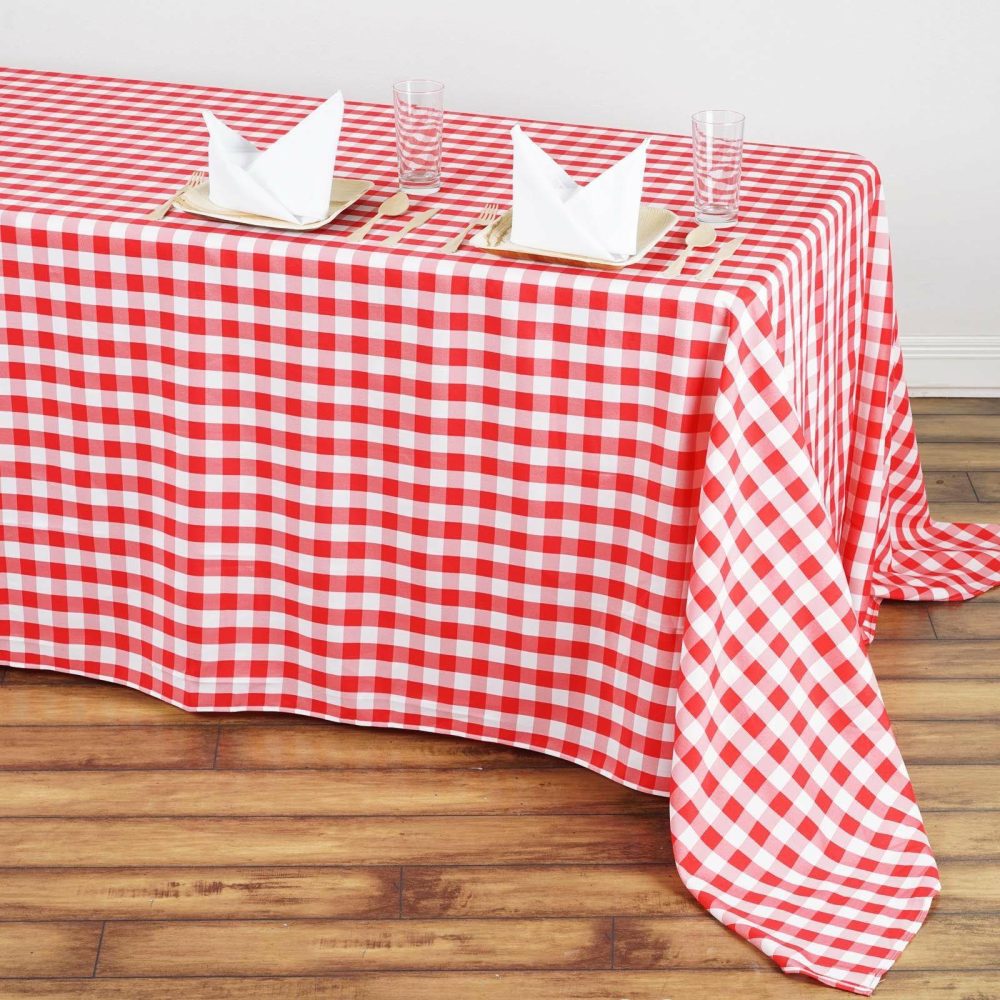 White/Red Seamless Buffalo Plaid Rectangle Tablecloth, Checkered Polyester Tablecloth 90″x132″ for 6 Foot Table With Floor-Length Drop  |   Polyester Polyester Polyester