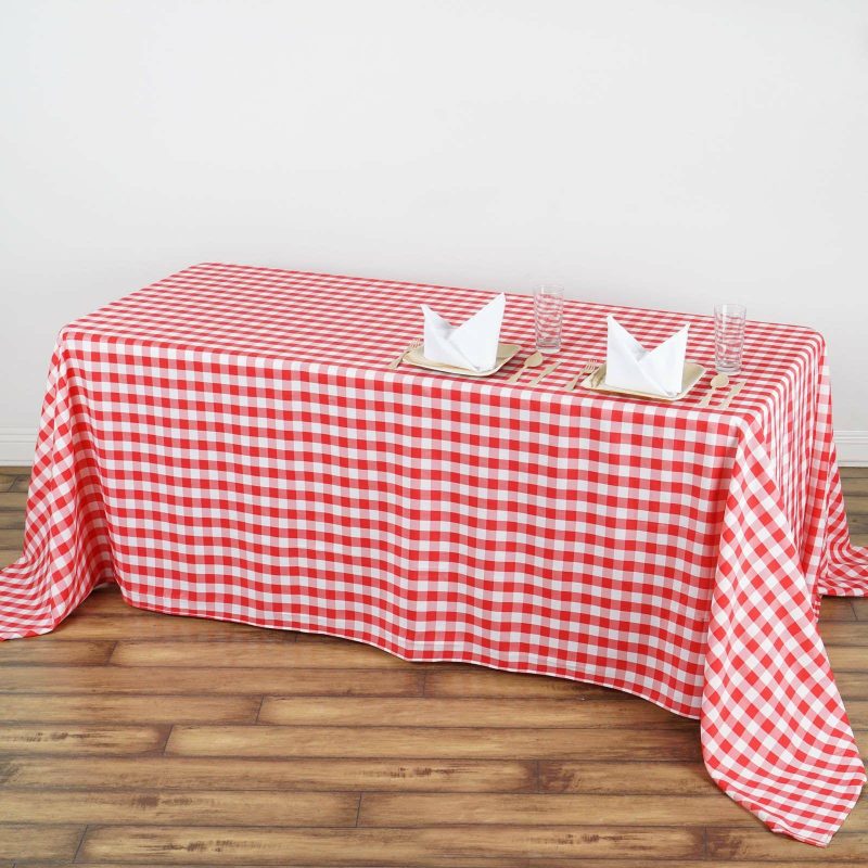 White/Red Seamless Buffalo Plaid Rectangle Tablecloth, Checkered Polyester Tablecloth 90″x132″ for 6 Foot Table With Floor-Length Drop  |   Polyester Polyester Polyester