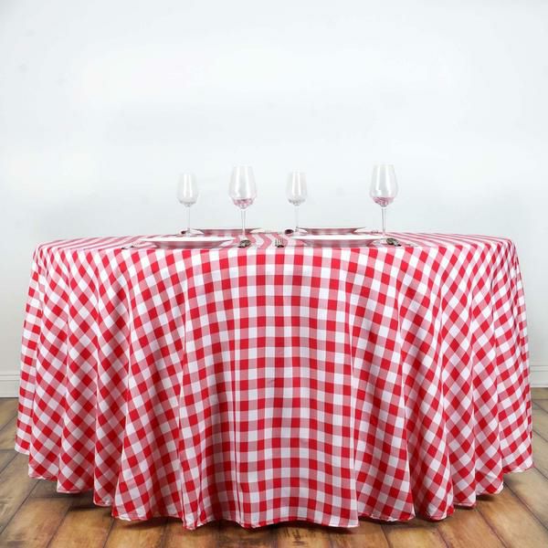 White/Red Seamless Buffalo Plaid Round Tablecloth, Checkered Gingham Polyester Tablecloth 120″ for 5 Foot Table With Floor-Length Drop  |   Polyester Polyester Polyester