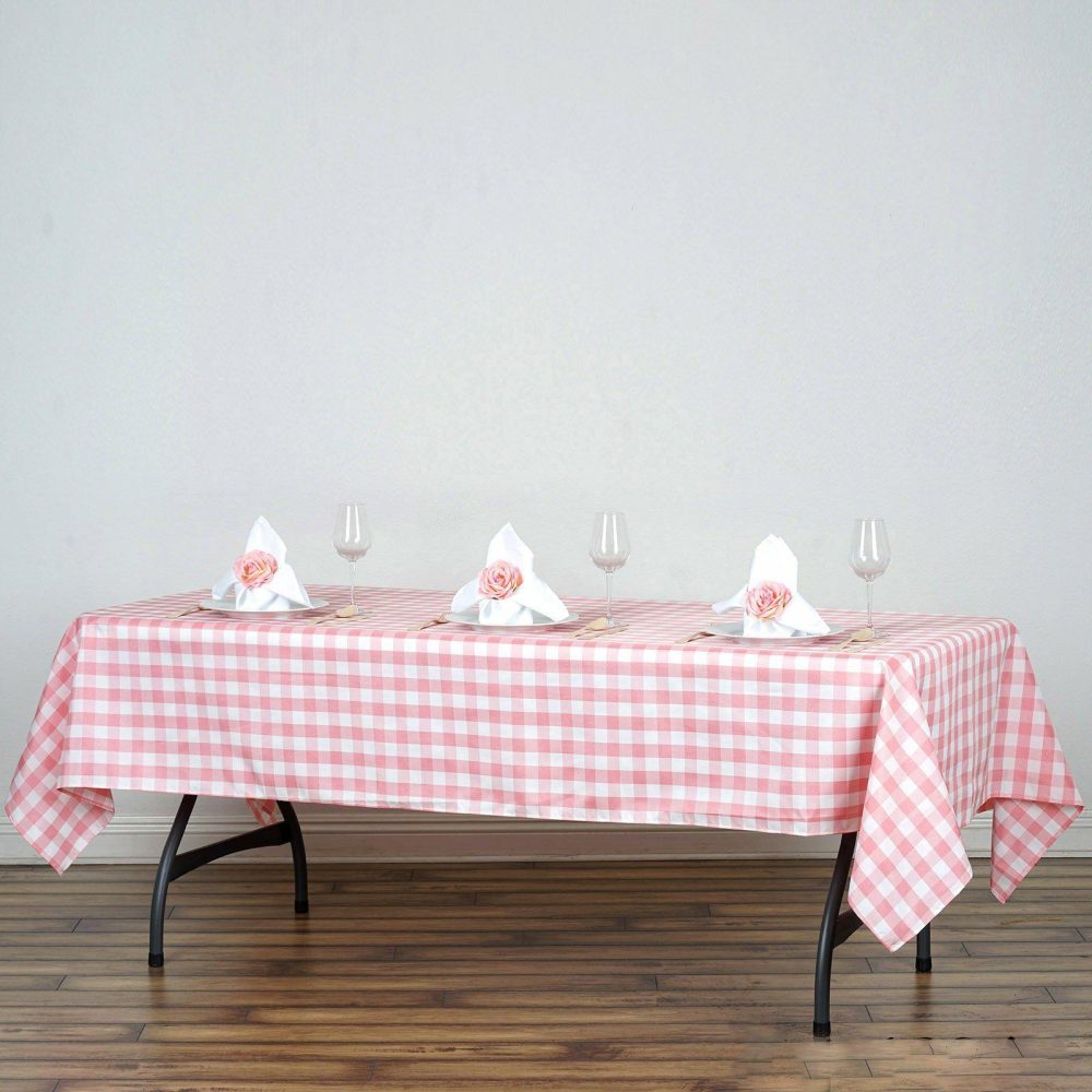 White/Rose Quartz Seamless Buffalo Plaid Rectangle Tablecloth, Checkered Polyester Linen Tablecloth 60″x102″  |   Polyester Polyester Polyester