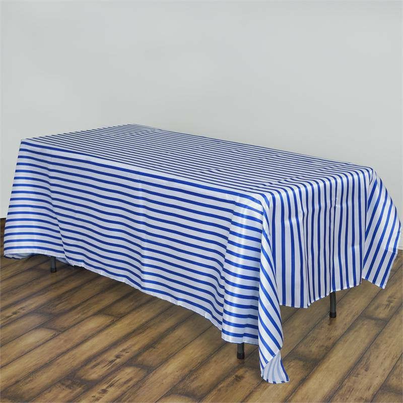 White/Royal Blue Seamless Stripe Satin Rectangle Tablecloth 90″x156″ for 8 Foot Table With Floor-Length Drop  |   Satin Satin Royal blue