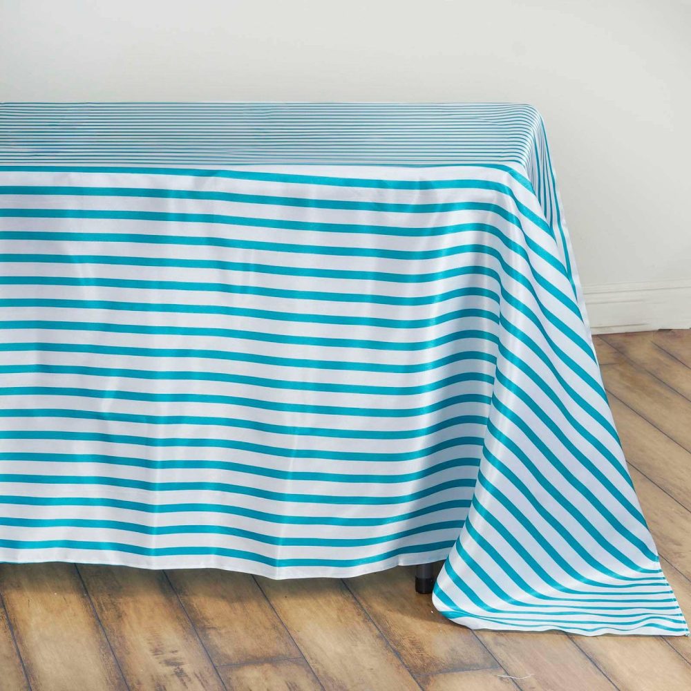 White/Turquoise Seamless Stripe Satin Rectangle Tablecloth 60″x102″  |   Satin Satin Satin