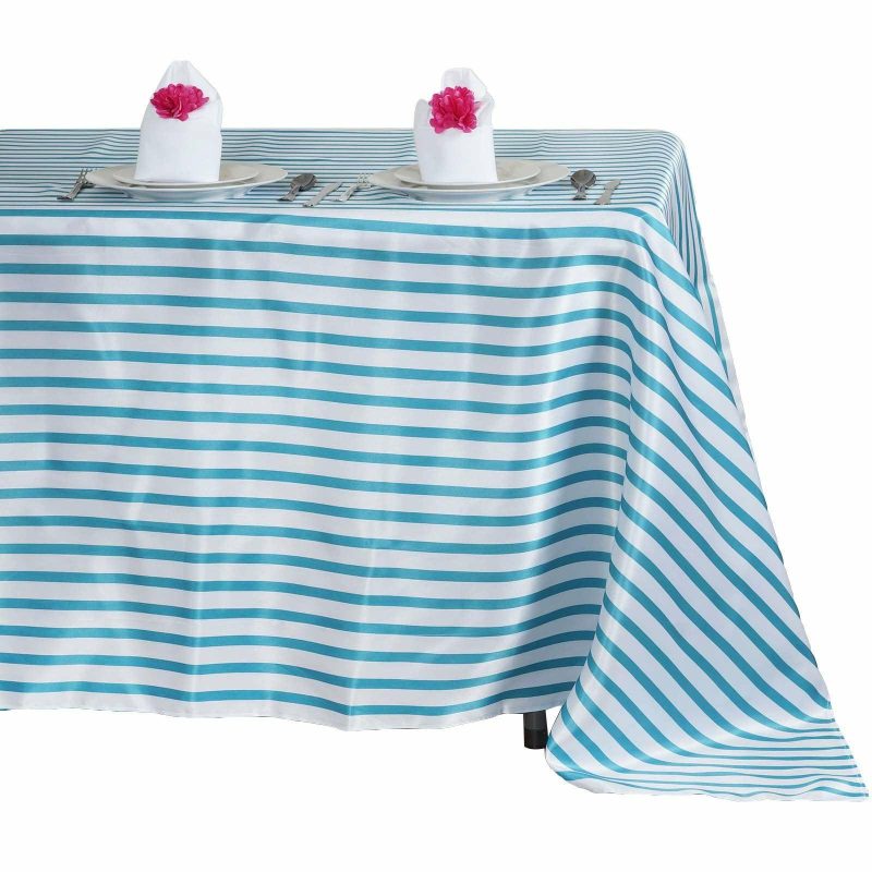 White/Turquoise Seamless Stripe Satin Rectangle Tablecloth 60″x102″  |   Satin Satin Satin