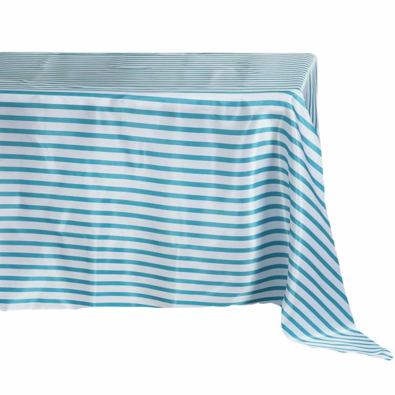 White/Turquoise Seamless Stripe Satin Rectangle Tablecloth 60″x102″  |   Satin Satin Satin