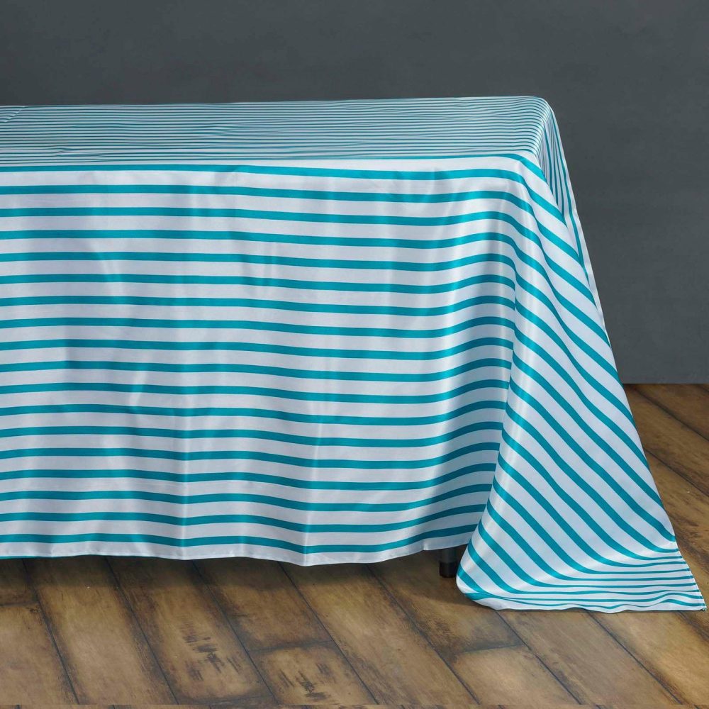 White/Turquoise Seamless Stripe Satin Rectangle Tablecloth 60″x126″  |   Satin Satin Satin