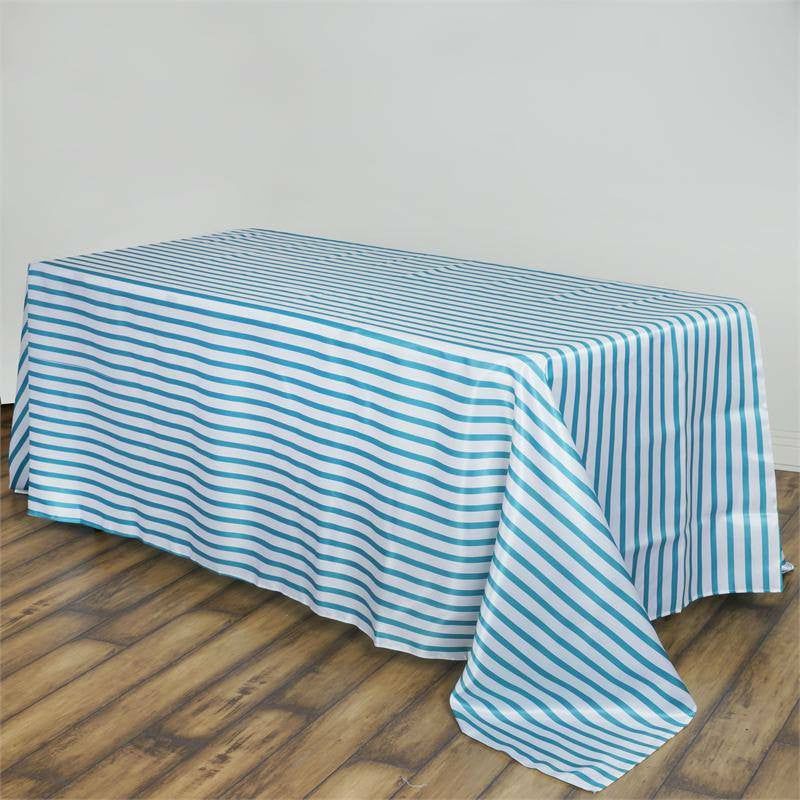 White/Turquoise Seamless Stripe Satin Rectangle Tablecloth 90″x156″ for 8 Foot Table With Floor-Length Drop  |   Satin Satin Satin