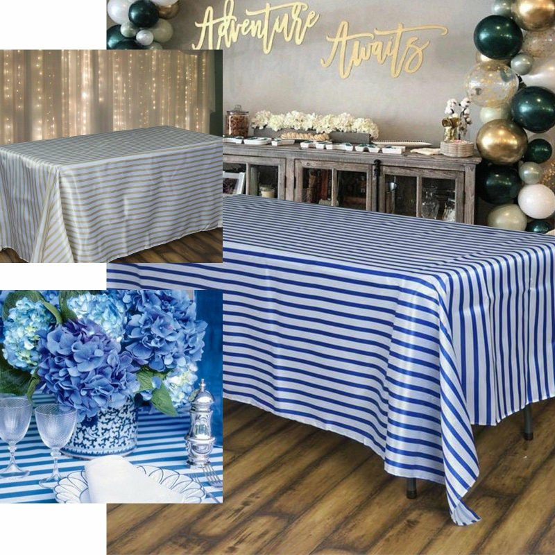 White/Turquoise Seamless Stripe Satin Rectangle Tablecloth 90″x156″ for 8 Foot Table With Floor-Length Drop  |   Satin Satin Satin