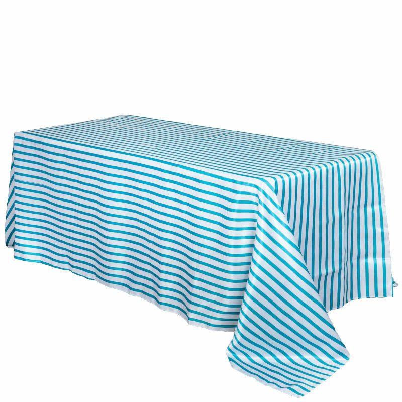 White/Turquoise Seamless Stripe Satin Rectangle Tablecloth 90″x156″ for 8 Foot Table With Floor-Length Drop  |   Satin Satin Satin