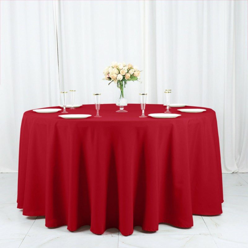 Wine Seamless Polyester Round Tablecloth 120″ for 5 Foot Table With Floor-Length Drop  |   Polyester Polyester Burgundy